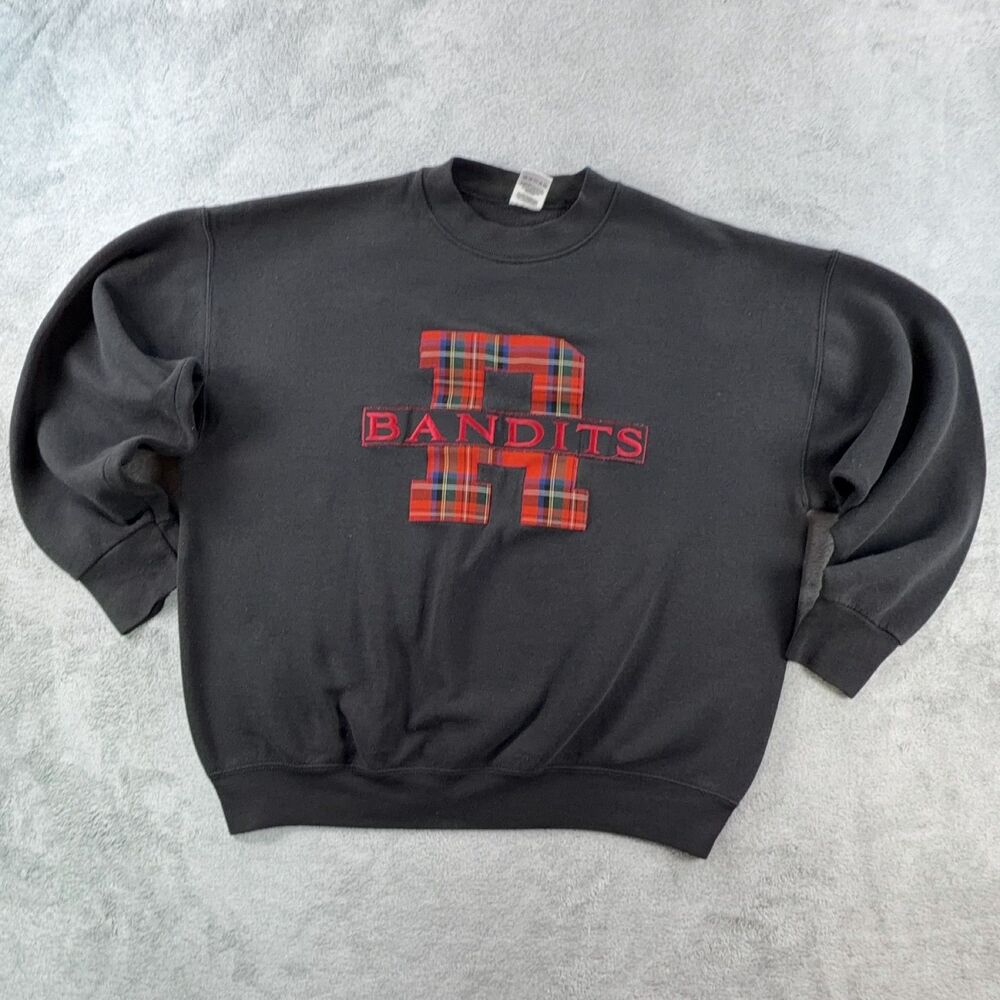 Vintage Fruit of the Loom Sweatshirt Mens L 90s USA Bandits Plaid Crewneck Black